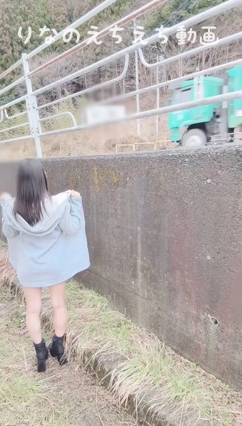 【女子大生りなのえちな露出オナ】トラックがそばに止まってて窓開いているのにそのすぐそばで全裸になってディルドオナニーしました…横の道路では車が通ってて凄くドキドキしました…3