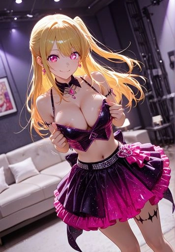 輝くステージ衣装で微笑む金髪ヒロイン